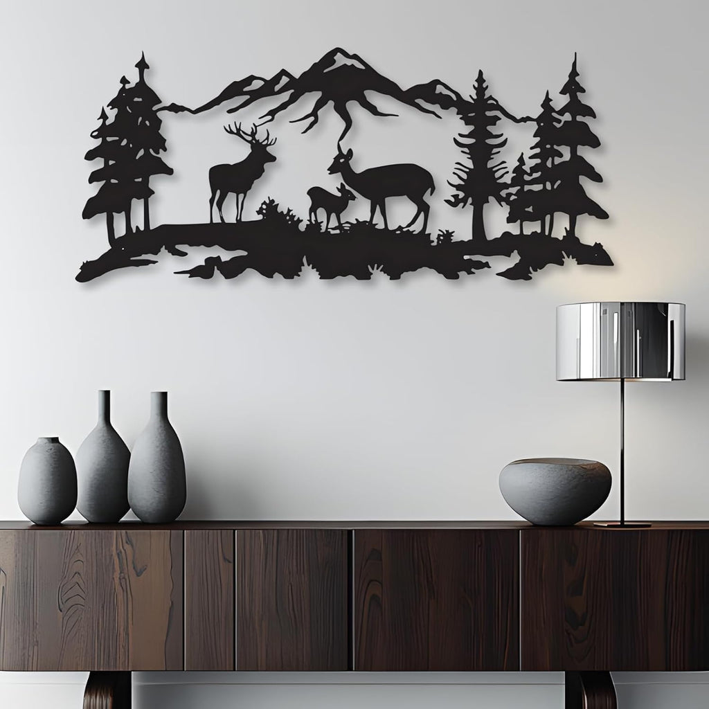 Deer Family Mountain Metal Wall Art