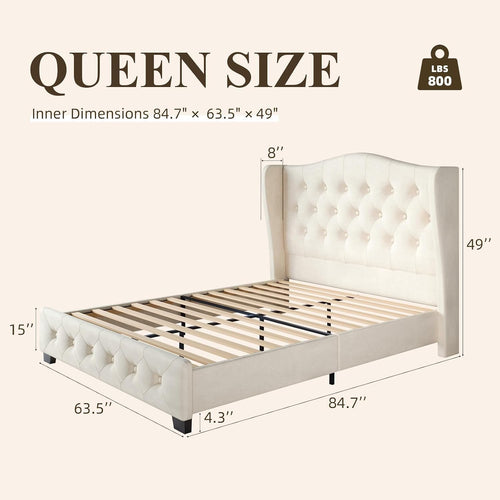 Beige Curved Wingback Queen Bed Frame