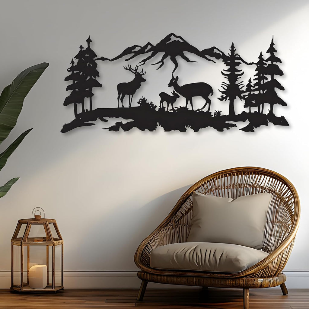 Deer Family Mountain Metal Wall Art