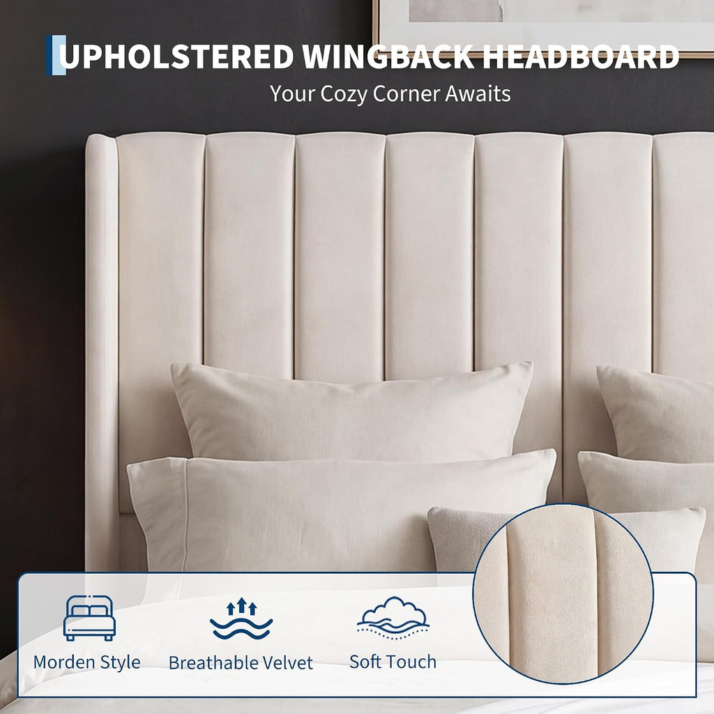 Channel‑Tufted Wingback Queen Bed Frame