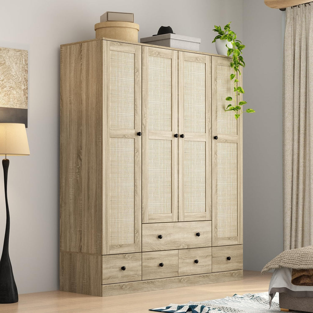 Brown Rattan Wooden Wardrobe Armoire