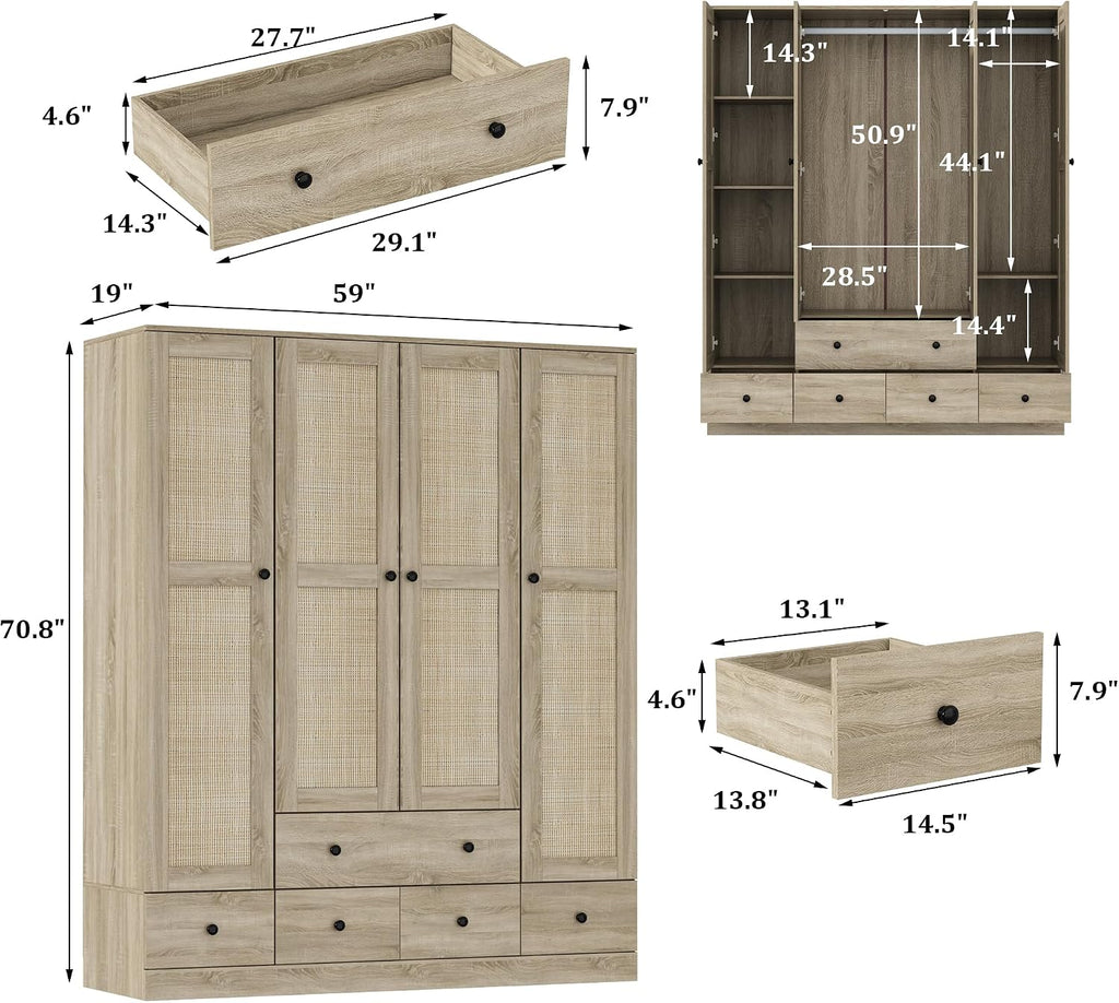 Brown Rattan Wooden Wardrobe Armoire
