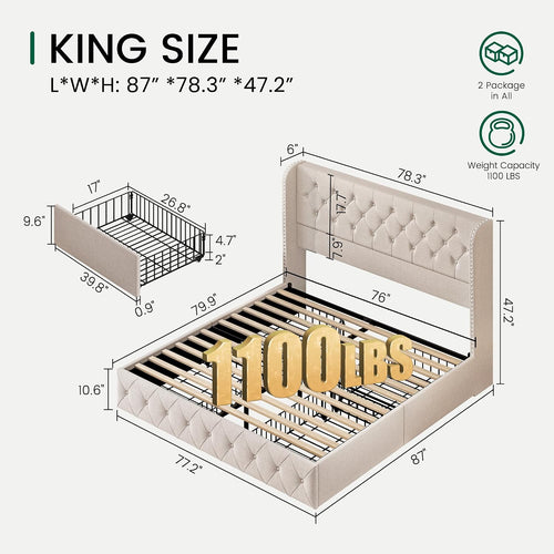 Beige Linen Tufted King Storage Bed Frame
