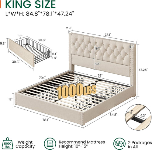 Beige Linen Tufted King Storage Bed Frame