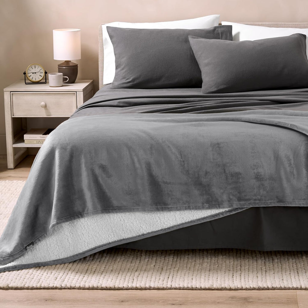 Grey Reversible Sherpa Fleece Blanket