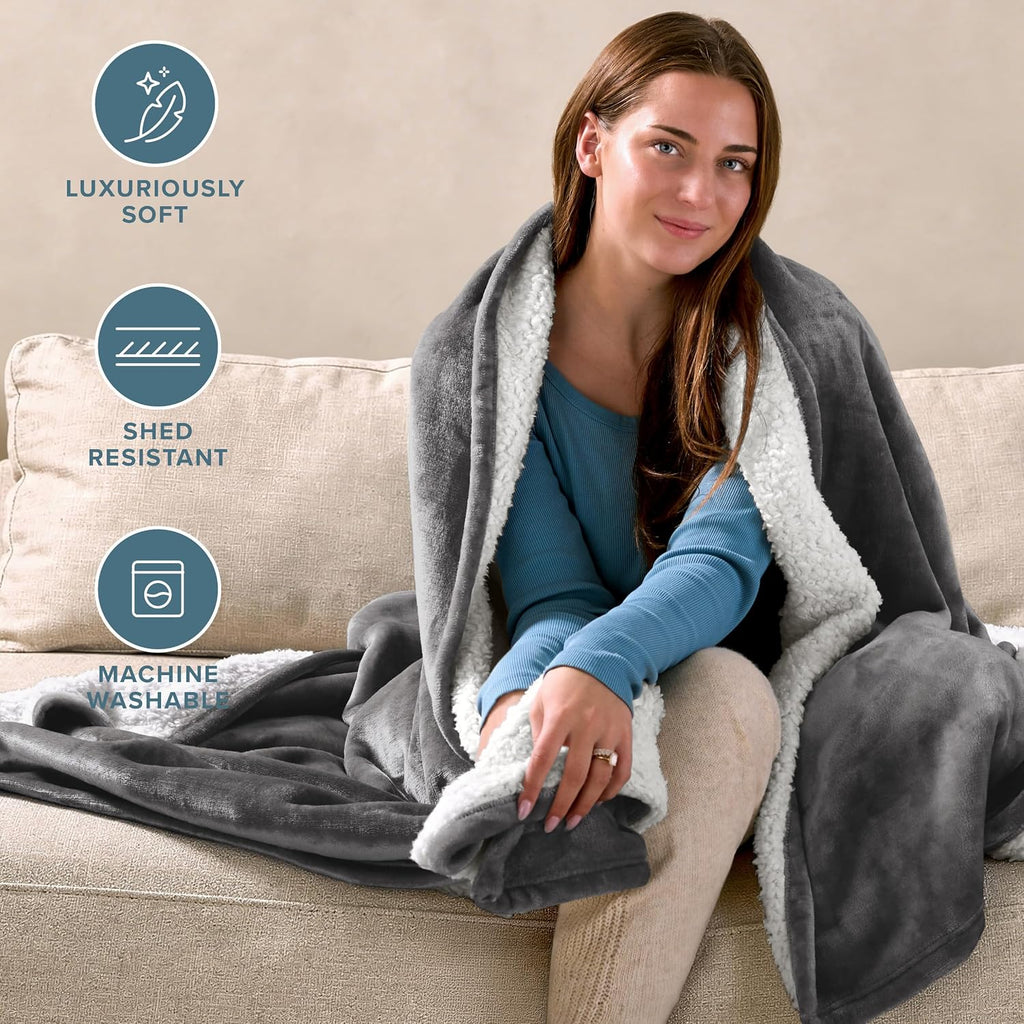 Grey Reversible Sherpa Fleece Blanket