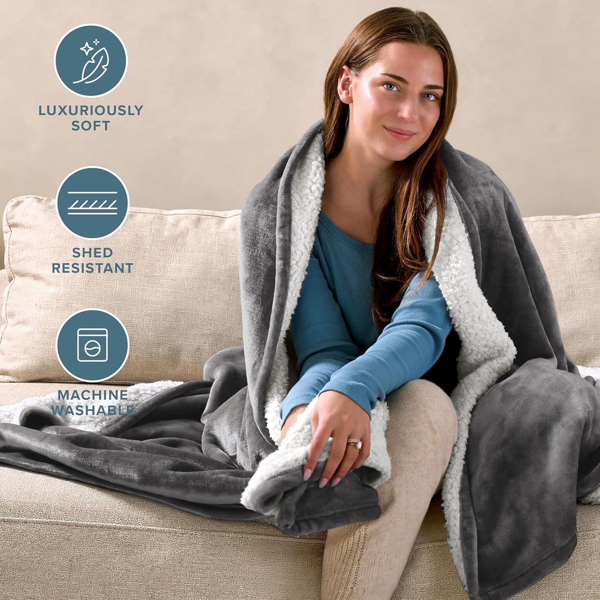 Grey Reversible Sherpa Fleece Blanket