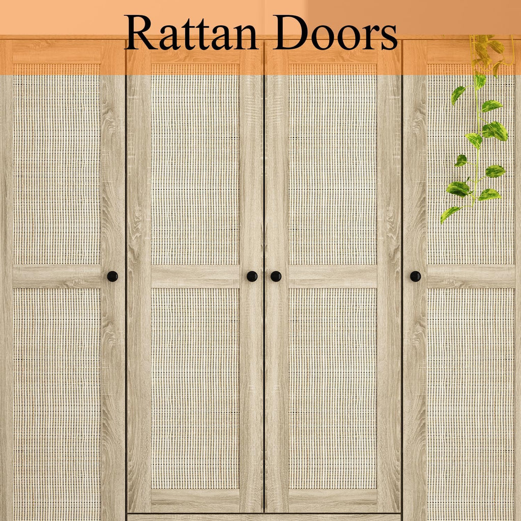 Brown Rattan Wooden Wardrobe Armoire